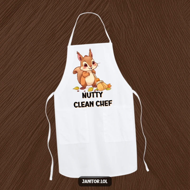 Funny squirrel apron showing a determined squirrel using a tiny broom to sweep up leaves, ready for any task.