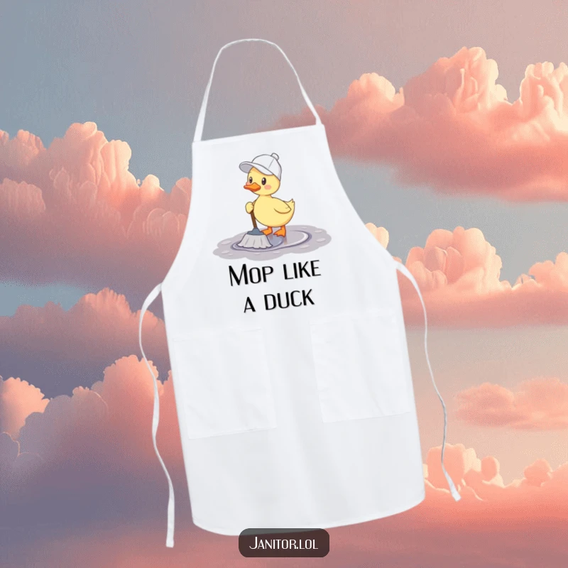 Funny duck apron showing a cheerful duck wearing a cleaning cap and happily mopping a puddle.