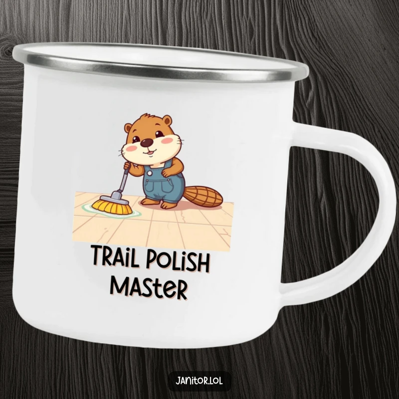Funny beaver camping mug depicting a busy beaver in overalls polishing a shiny floor, perfect for outdoor adventures.