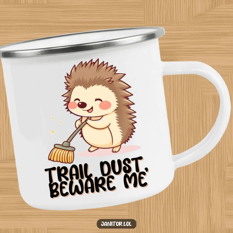 Funny hedgehog pushing a sparkling push broom, ready for camping, depicted on a sturdy mug, perfect for outdoor enthusiasts.
