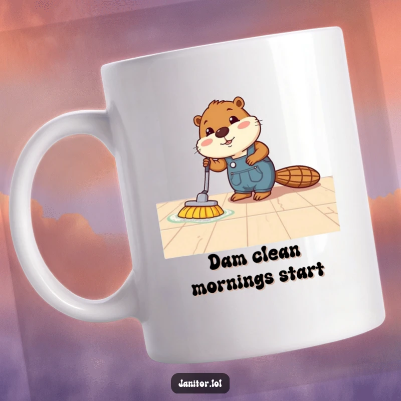 Funny beaver mug featuring a determined beaver in overalls energetically polishing a gleaming floor to a high shine.