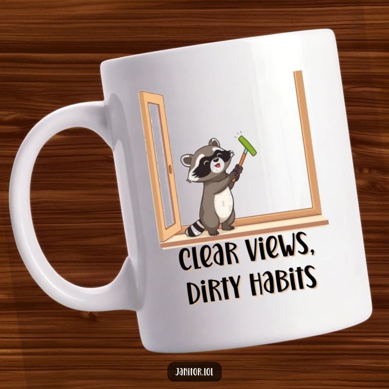 Funny raccoon enthusiastically polishing a large window, depicted on a mug, showcasing its meticulous cleaning habit with a smile.