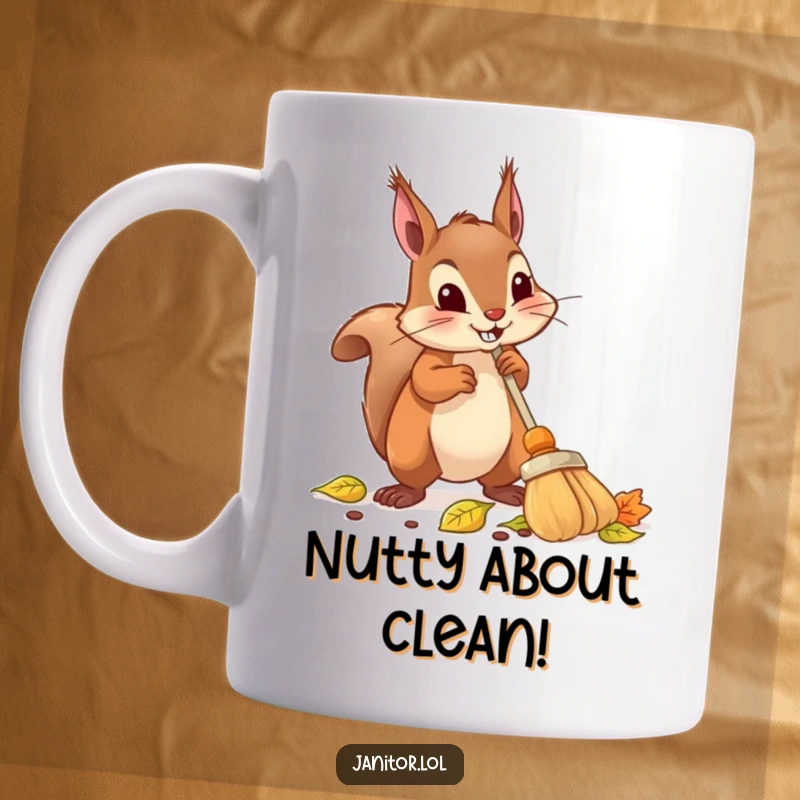 Funny squirrel mug showing a determined squirrel using a tiny broom to efficiently sweep up fallen leaves.