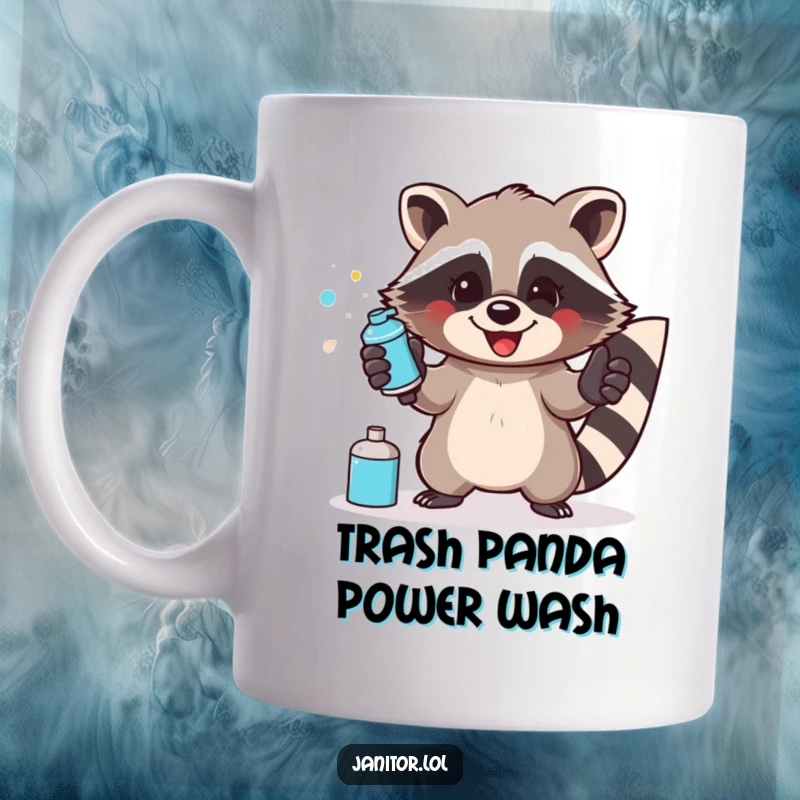 Funny raccoon mug with gloves, enthusiastically spraying a surface with a cleaning spray bottle.