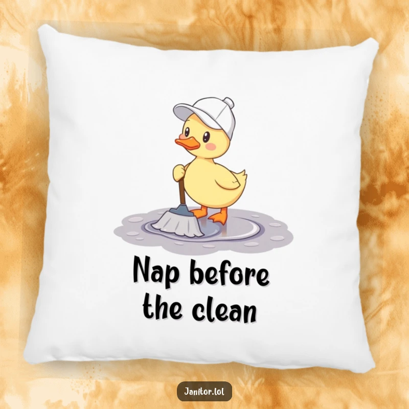 Funny duck pillow featuring a cheerful duck in a cleaning cap happily mopping a puddle with a small mop.