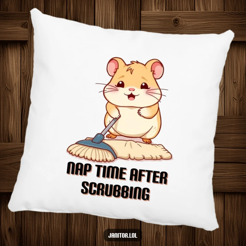 Funny hamster diligently mopping a floor section, featured on a soft pillow, adding a touch of whimsical humor.