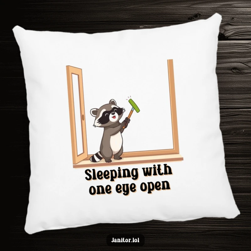 Funny raccoon polishing a window, featured on a soft pillow, adding a touch of quirky charm and humor to your decor.