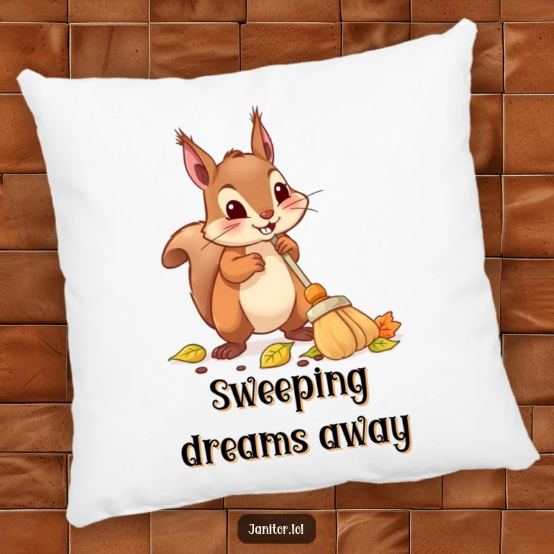 Funny squirrel pillow featuring a determined squirrel using a tiny broom to sweep up a pile of autumn leaves.