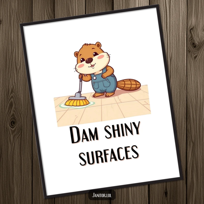 Funny beaver digital art print of a determined beaver in overalls energetically polishing a very shiny floor.