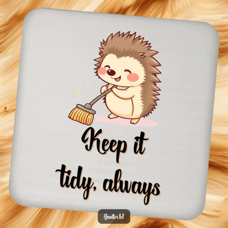 Funny hedgehog pushing a small sparkling push broom, featured on a drink coaster, adding a touch of clean humor.