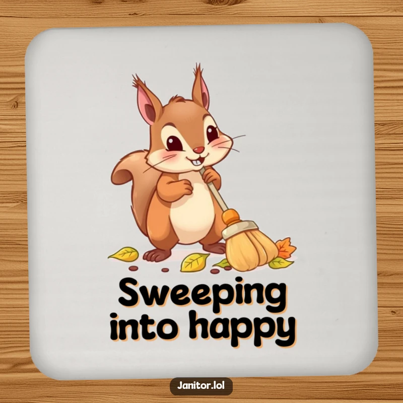Funny squirrel coasters showing a determined squirrel using a tiny broom to sweep up fallen leaves.