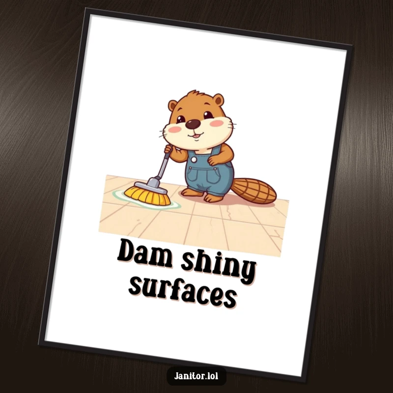 Funny beaver poster depicting a determined beaver in overalls energetically polishing a very shiny floor to perfection.