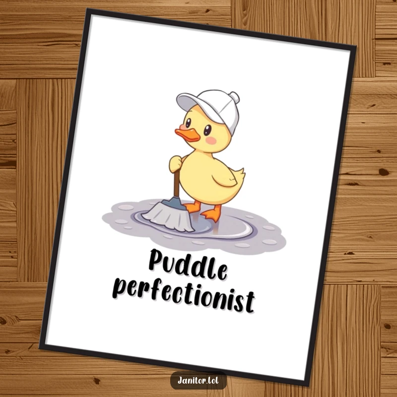 Funny duck poster depicting a cheerful duck wearing a cleaning cap and happily mopping a puddle with a mop.