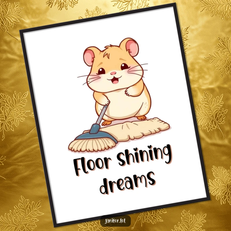 Funny contented hamster diligently mopping a floor section, presented as a poster, bringing cheerful tidiness to walls.