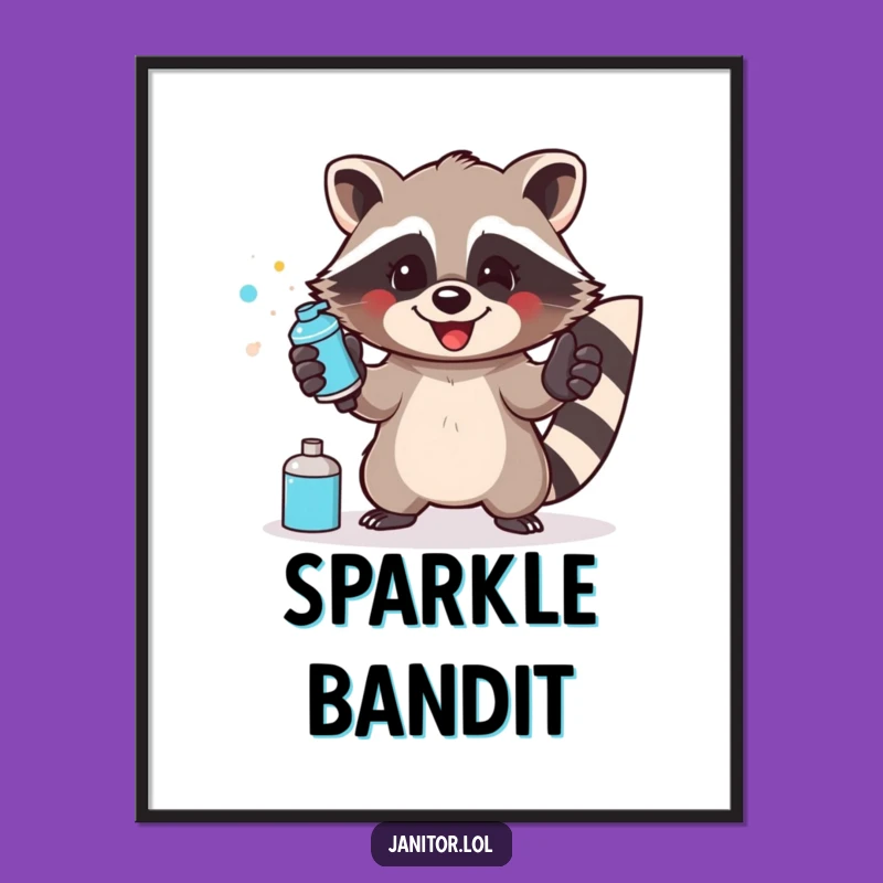 Funny Raccoon Cleaning Poster: Energetic Art with a Humorous Touch