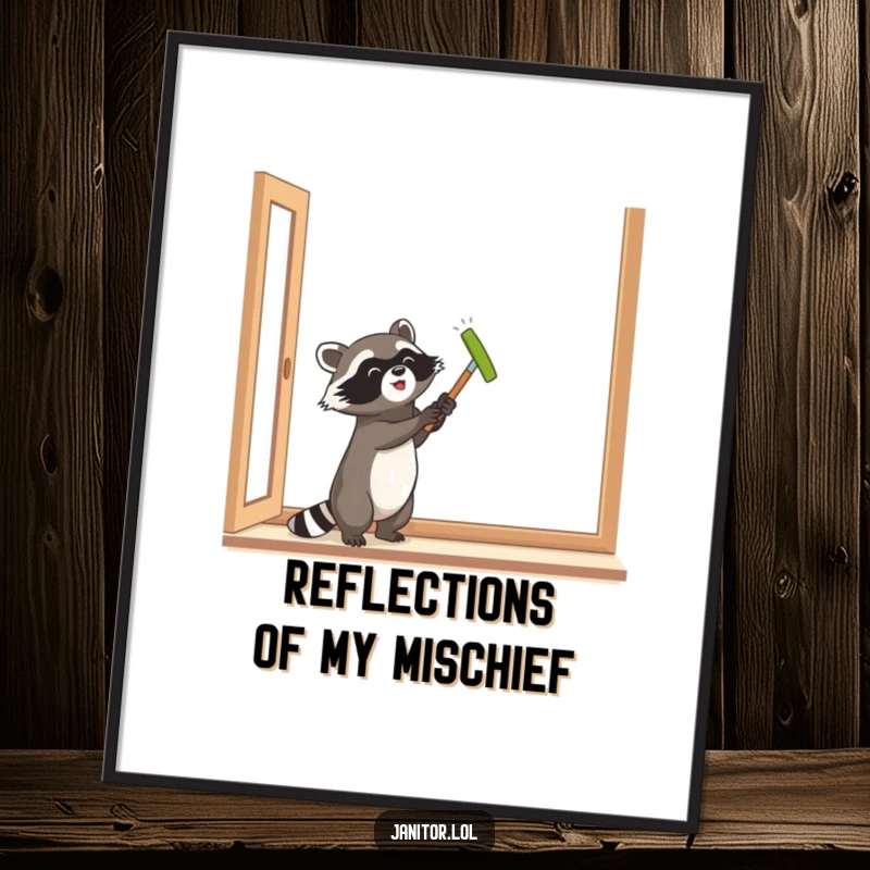 Funny raccoon enthusiastically polishing a window, framed as a poster, bringing cheerful cleaning vibes to any room.
