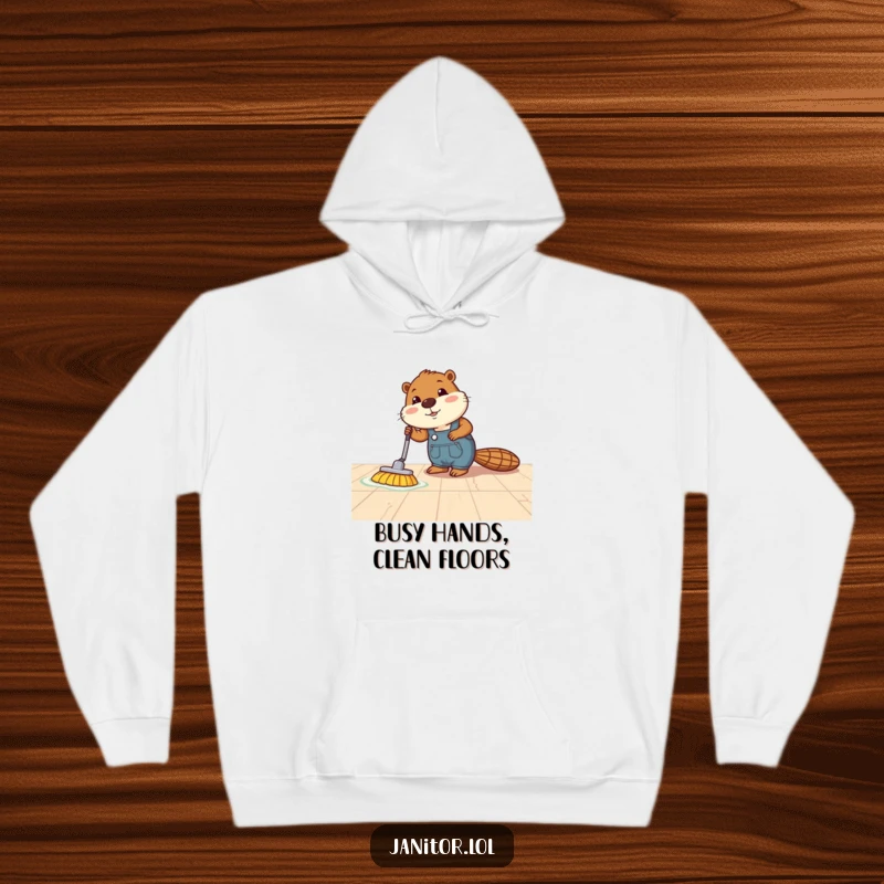 Funny beaver hoodie illustration of a busy beaver in overalls energetically polishing a super shiny floor.