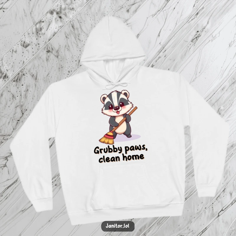 Funny badger happily sweeping a shiny floor, radiating cheerfulness, a warm and hilarious hoodie.