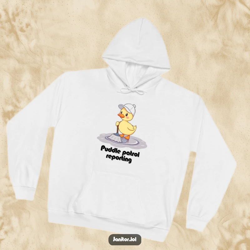 Funny duck hoodie illustration of a cheerful duck wearing a cleaning cap and happily mopping a puddle.