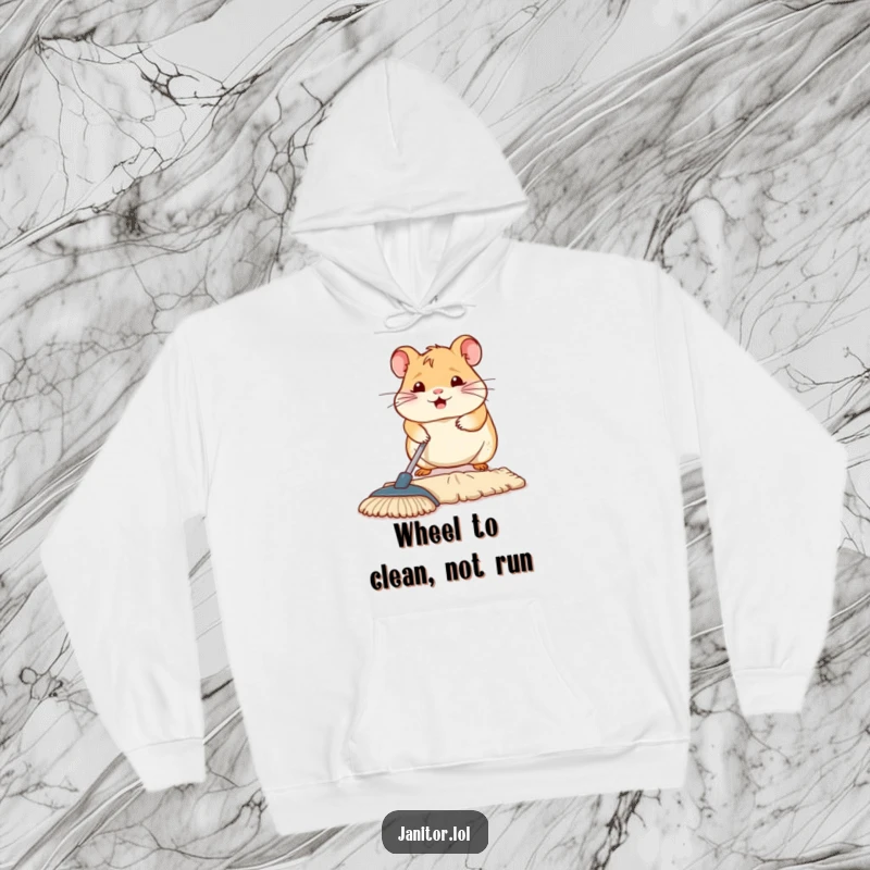 Funny hamster diligently mopping a floor, depicted on a comfortable hoodie, ideal for cozy, humorous lounging.