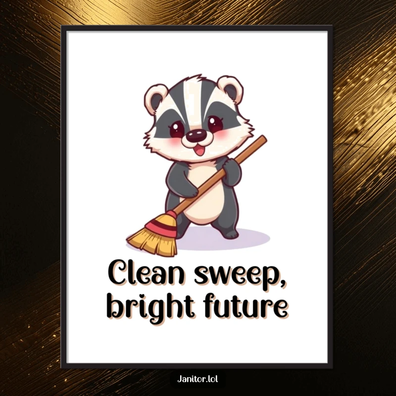 Funny Free Printable Wall Art of a cheerful badger happily sweeping around a shiny floor, bringing tidiness.