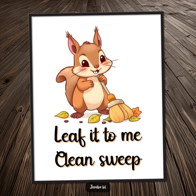 Funny Free Printable Wall Art: A determined squirrel energetically sweeps leaves with a tiny broom, bringing outdoor charm indoors.