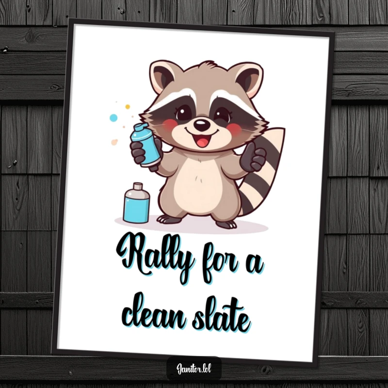 Funny Free Printable Wall Art: A happy raccoon in gloves enthusiastically sprays a shiny surface, bringing playful tidiness to your room.