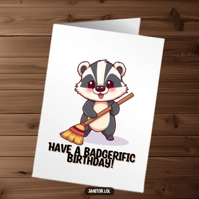 Funny Free Printable Birthday Card of a cheerful badger happily sweeping a shiny floor, sending birthday wishes.