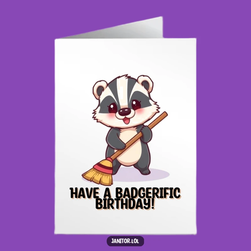 Free Printable Birthday Card: Cheerful Badger Sweeping - Clean Birthday Wishes