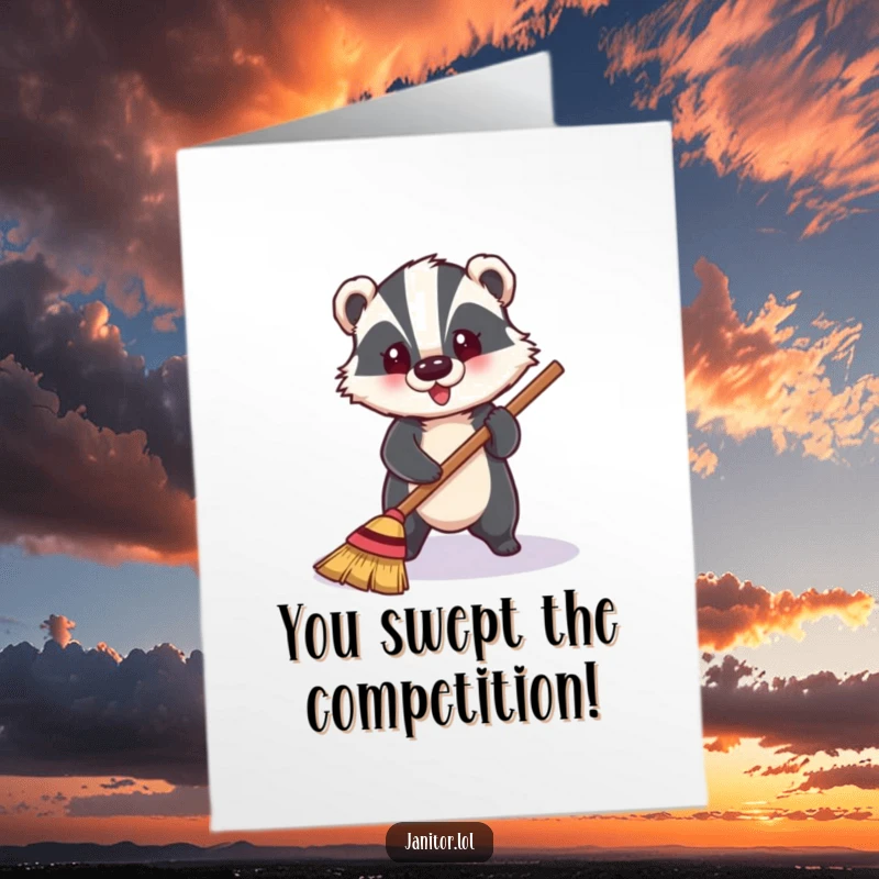 Funny Free Printable Congratulations Card featuring a cheerful badger sweeping a shiny floor, celebrating achievement.