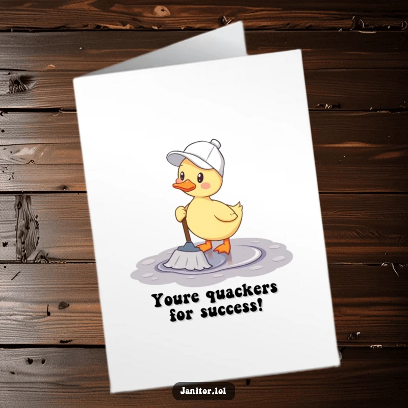 Funny Free Printable Congratulations Card: A cheerful duck wearing a cleaning cap mops a puddle, symbolizing overcoming obstacles with a smile.