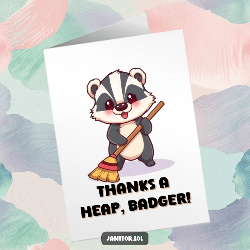 Funny Free Printable Thank You Card of a cheerful badger sweeping a shiny floor, showing thanks.