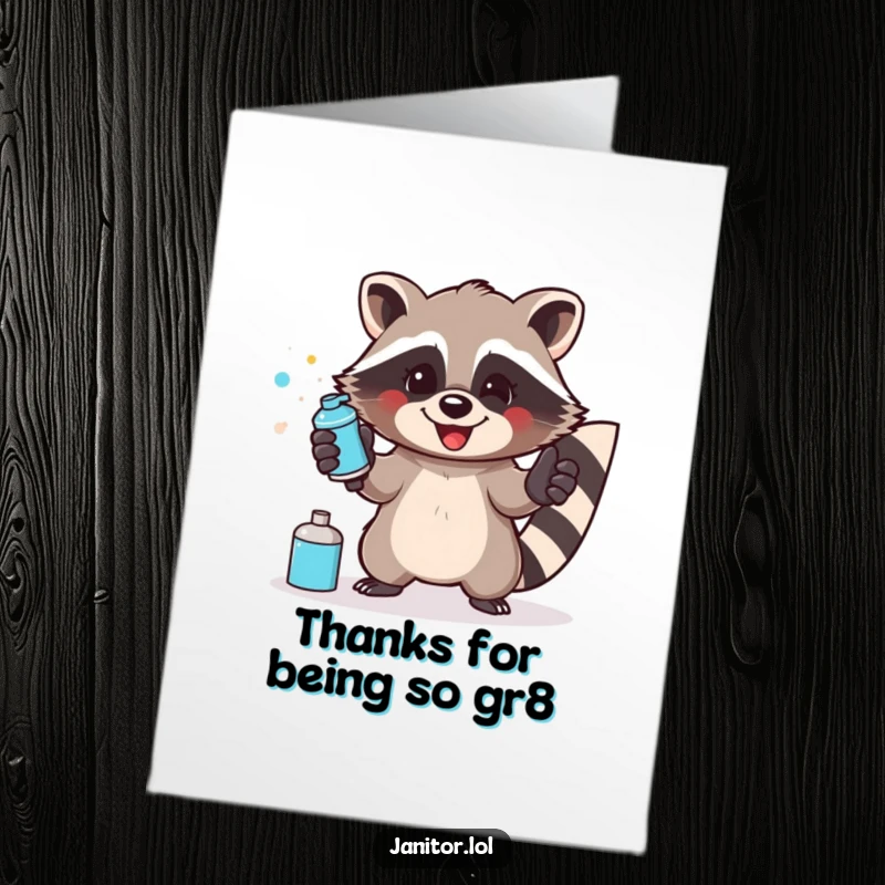 Funny Free Printable Thank You Card: A happy raccoon wearing gloves enthusiastically sprays a surface, offering a sparkling thank you.