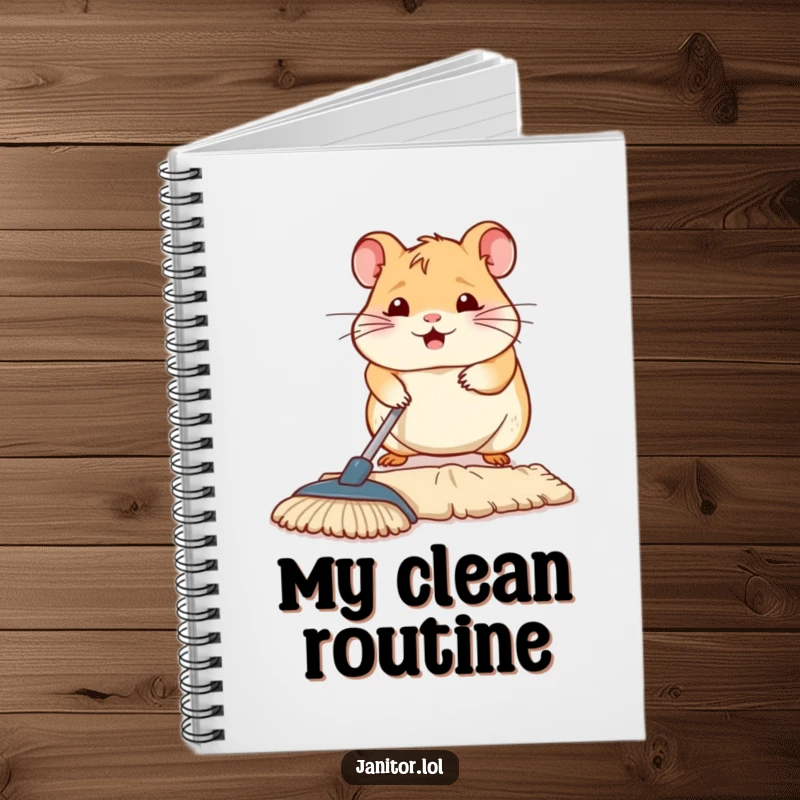 Funny contented hamster diligently mopping a floor section, cover art for a notebook, inspiring clean thoughts and organized notes.