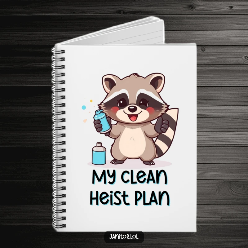 Funny raccoon notebook illustration of a happy raccoon wearing gloves and enthusiastically spraying a surface.