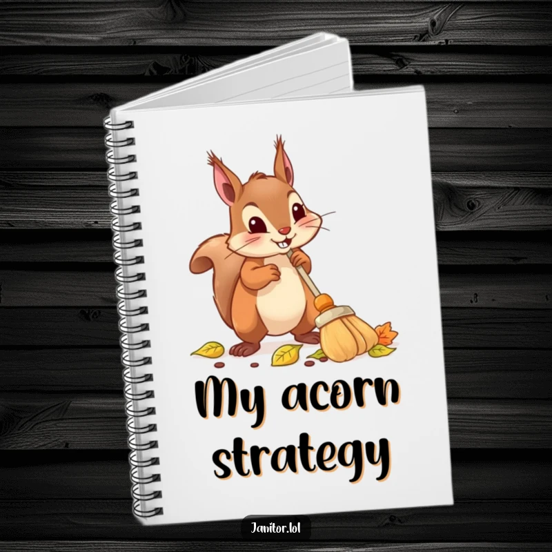 Funny squirrel notebook illustration of a determined squirrel using a tiny broom to sweep up leaves.