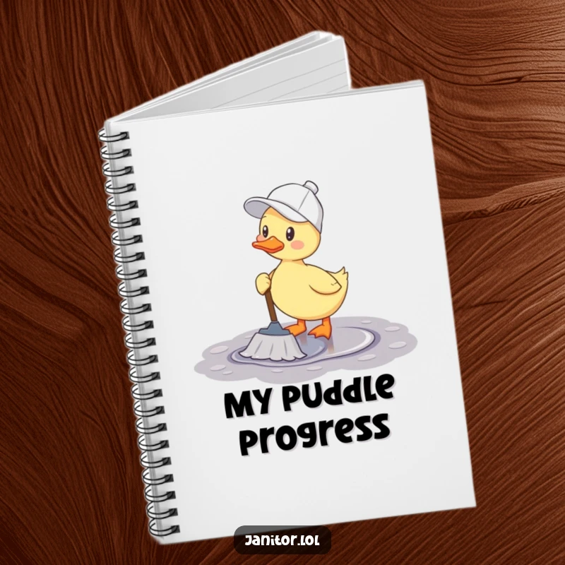 Funny duck notebook illustration of a cheerful duck wearing a cleaning cap and happily mopping a puddle.