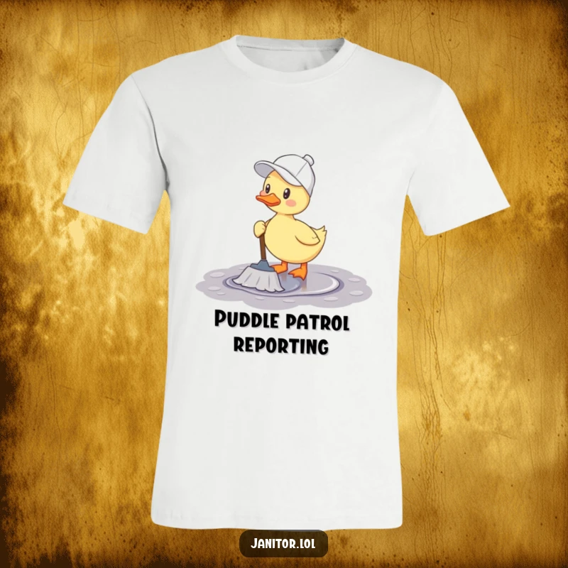 Funny duck t-shirt depicting a cheerful duck in a cleaning cap happily mopping a clean puddle with a mop.
