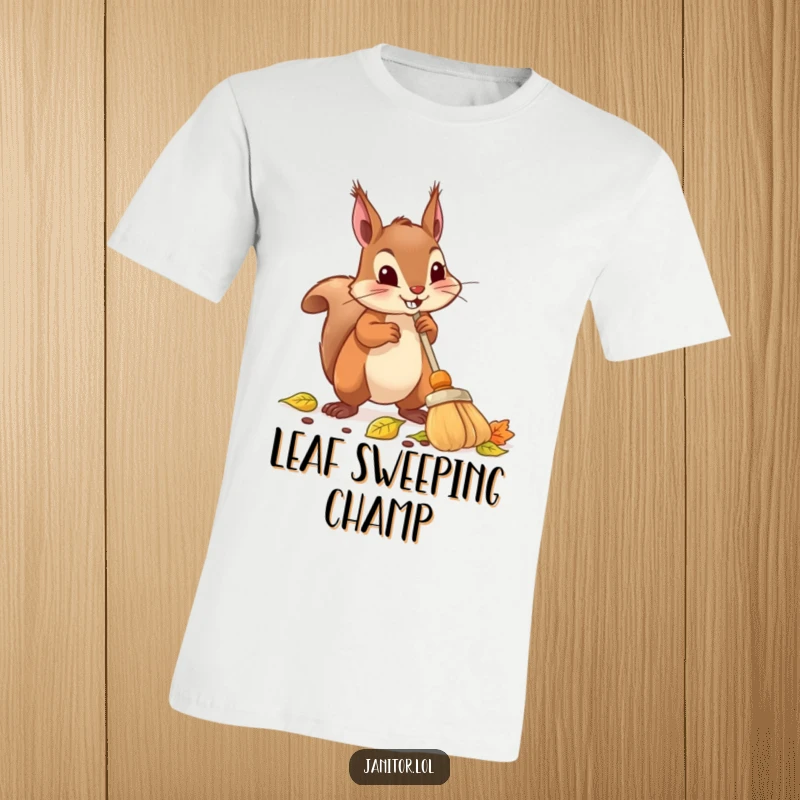 Funny squirrel t-shirt depicting a determined squirrel diligently sweeping autumn leaves with a miniature broom.