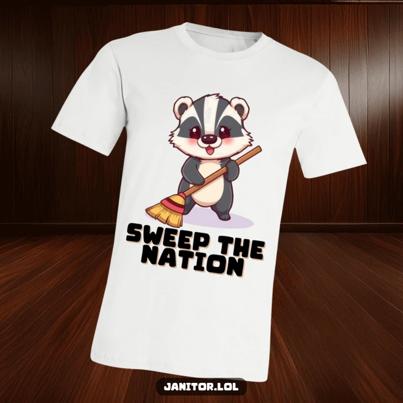 Funny badger cheerfully sweeping a gleaming floor with enthusiasm, a humorous and comfortable t-shirt design.