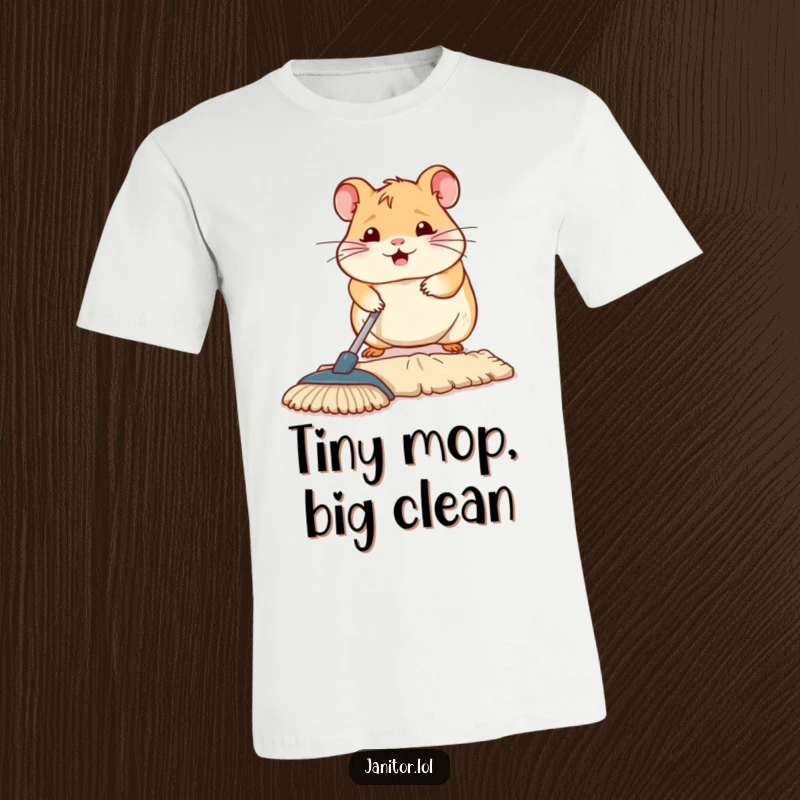 Funny contented hamster diligently mopping a floor section, printed on a t-shirt, showcasing its focused cleaning effort.
