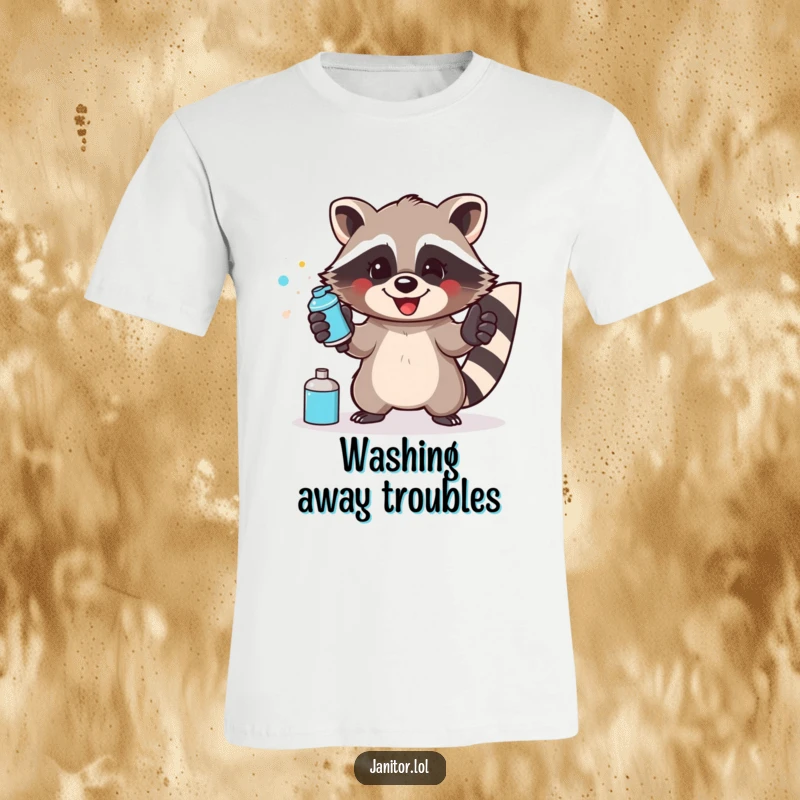 Funny raccoon t-shirt depicting a happy raccoon wearing gloves and enthusiastically spraying a surface with cleaner.