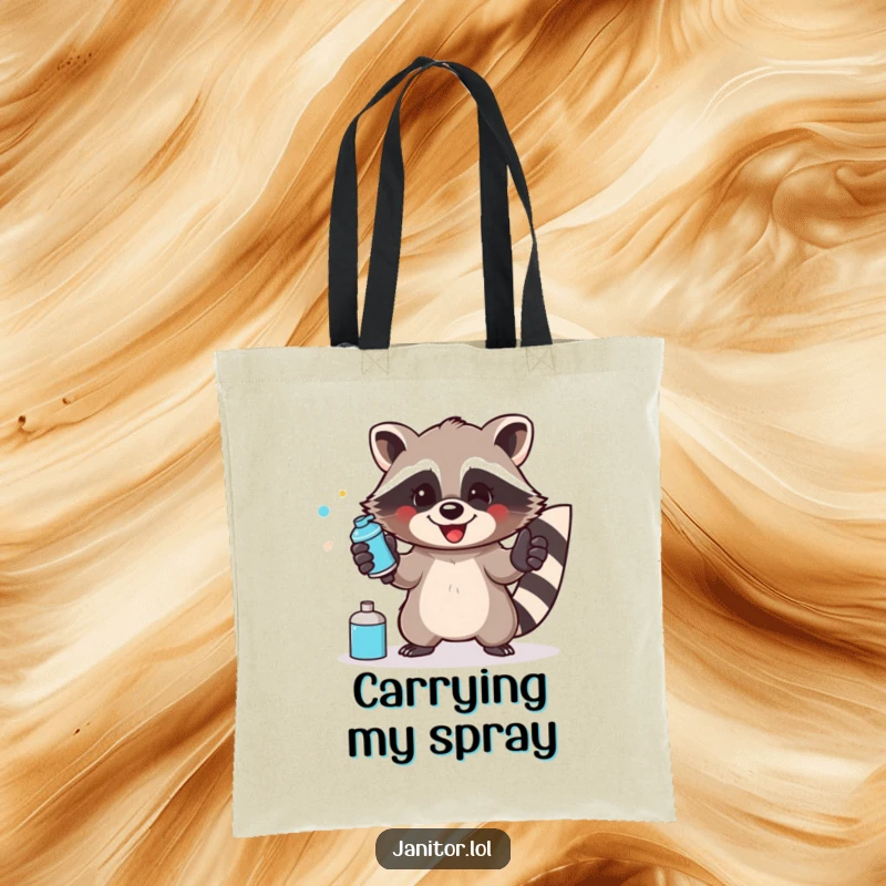 Funny raccoon tote bag showing a happy raccoon wearing gloves and enthusiastically spraying a surface.