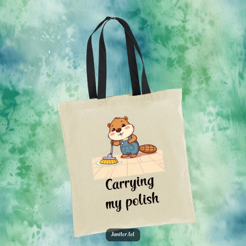 Funny beaver tote bag showing a busy beaver in overalls enthusiastically polishing a spotless, shiny floor.